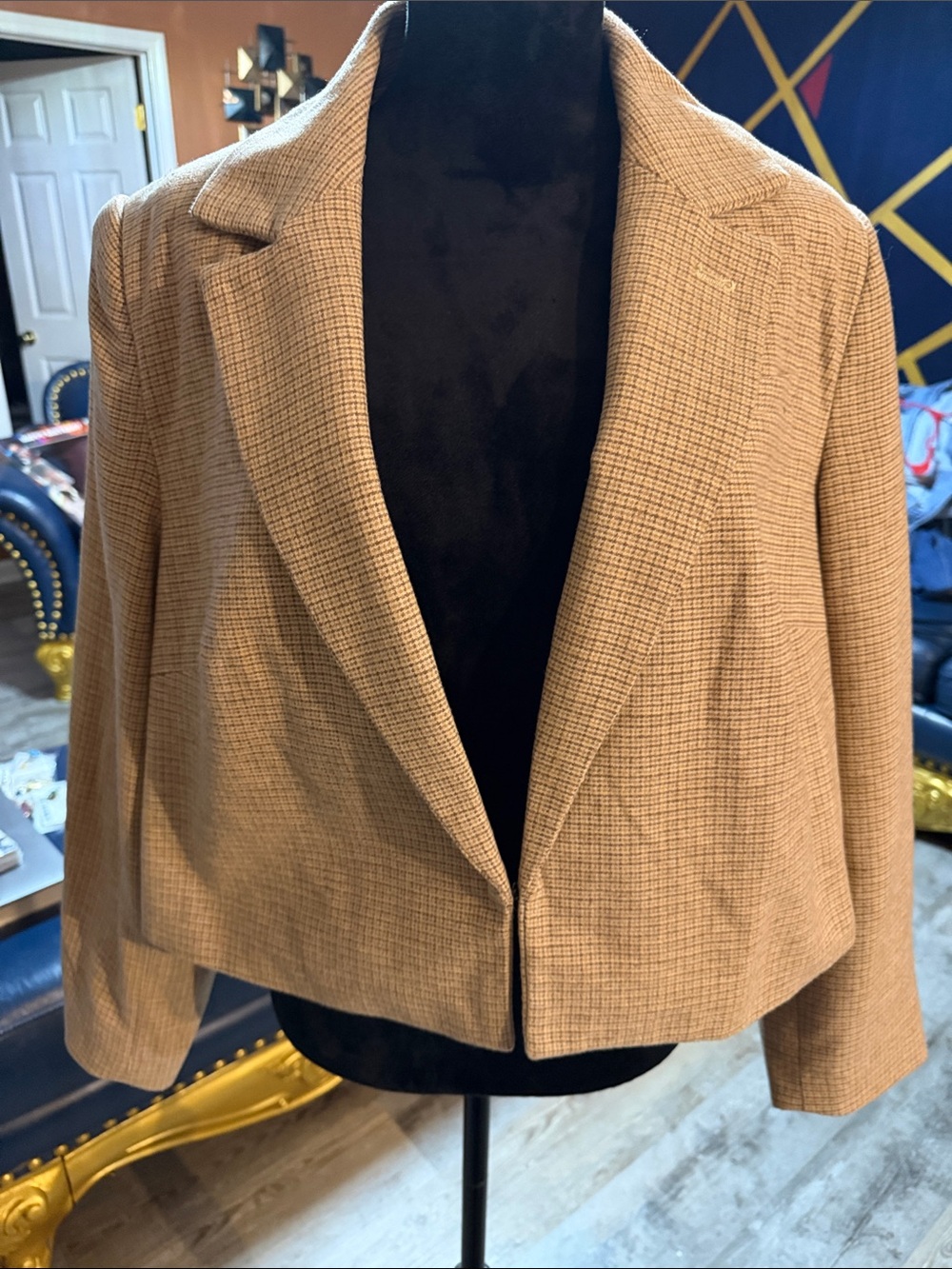 Future Collective Womens Cropped Blazer Jacket - Camel Plaid